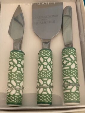 NEW SCHUMACHER WILLIAMS SONOMA CHEESE 3 KNIFE SET GREEN AND WHITE